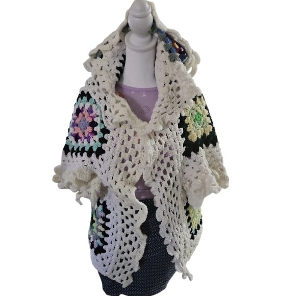 Hand Crafted Crochet Granny Square Cardigan open front Hooded Colorfull Sweater - Picture 8 of 17